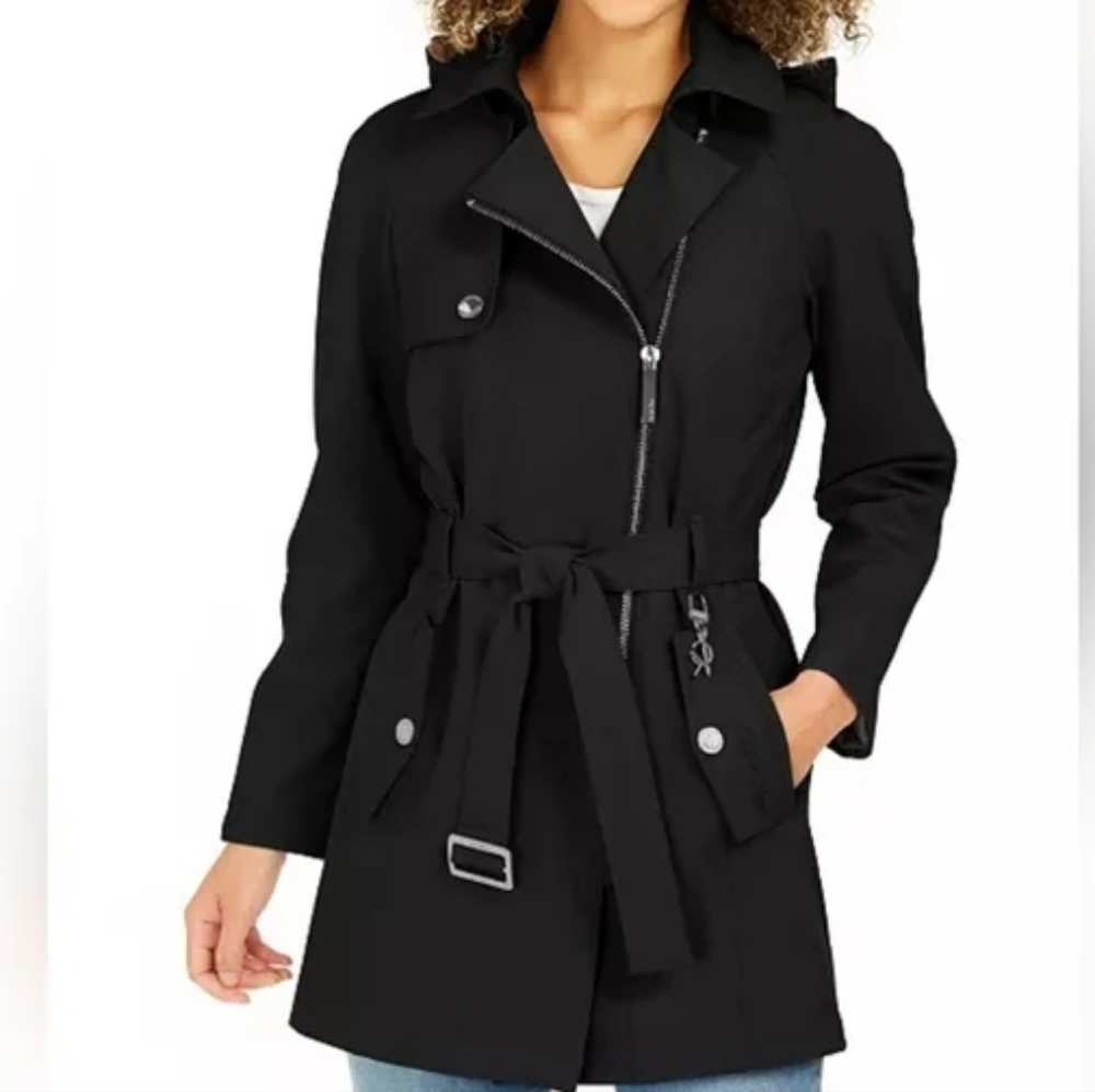 Calvin Klein Black Asymmetrical Hooded Rain Coat with Belt